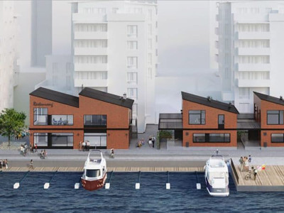 Restaurant and three houses in Nacka waterfront development.